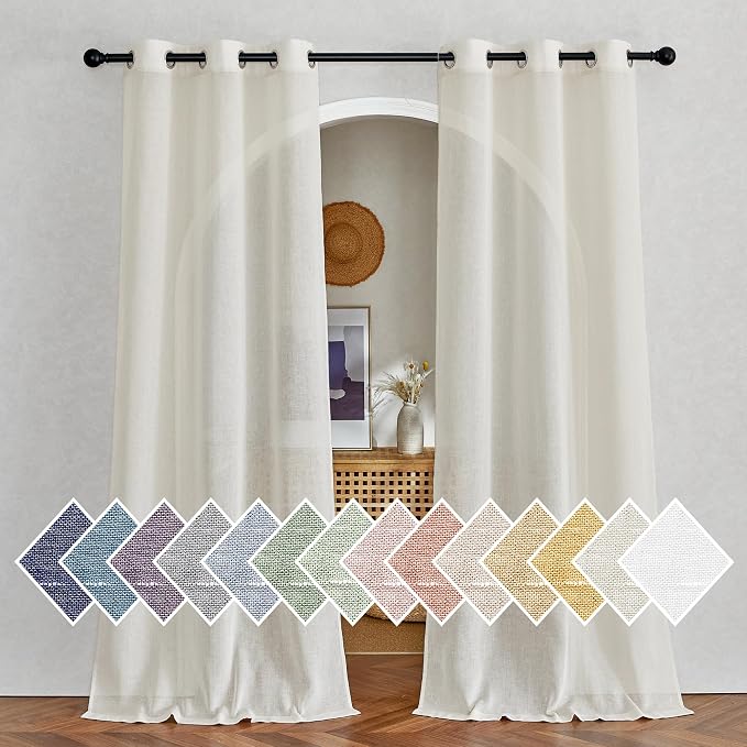 NICETOWN Bedroom Curtains Linen Blend 90 inches Long, Grommet Privacy Semi Sheer Curtains Privacy Window Treatments with Light Filtering for Bedroom, Natural, W36 x L90, 2 Panels