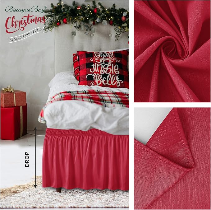 Wrap Around Queen Size Bed Skirt 12 Inch Drop-Elastic Dust Ruffle Red | Adjustable Pleated Bedskirt-Easy Fit Wrinkle Resistant Washable Hotel Quality Fabric Bed Skirting-Master Guest Bedroom Rental