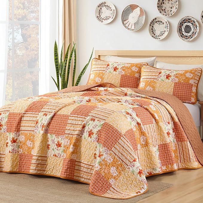 Mybedsoul King Size Quilt, Patchwork Floral Fall Bedding Set, Orange | Soft Lightweight Microfiber Coverlet Set, 3 Pieces Boho Plaid Bedspread, Bed Sets for All Seasons 90"x110"