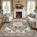 Washable Living Room Area Rug 5x6: Indoor Entryway Kitchen Rugs with Non-Slip Rubber Backing Large Vintage Stain Resistant Bedroom Carpet Non-Shedding Soft Thin Floor Mat for Dining Room(Beige,5x6)
