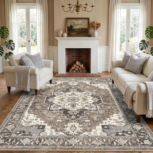 Washable Living Room Area Rug 5x6: Indoor Entryway Kitchen Rugs with Non-Slip Rubber Backing Large Vintage Stain Resistant Bedroom Carpet Non-Shedding Soft Thin Floor Mat for Dining Room(Beige,5x6)