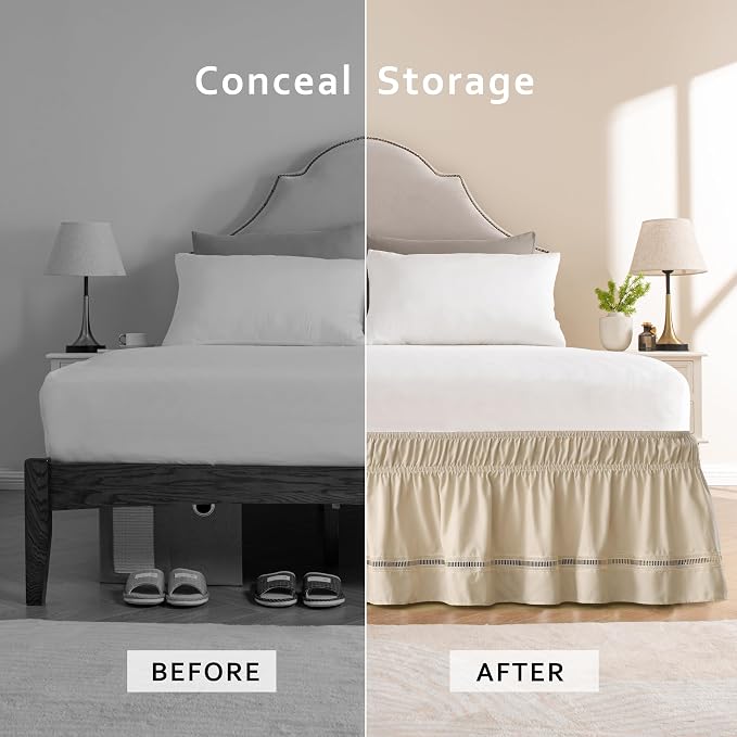 MIYE Wrap Around Ruffled Lace Bed Skirt, Elastic Dust Ruffle with Adjustable Belts, Easy to Put On, Bed Frame Cover, Machine Washable (Ruffled Lace/Beige, King/Queen-18 Drop)