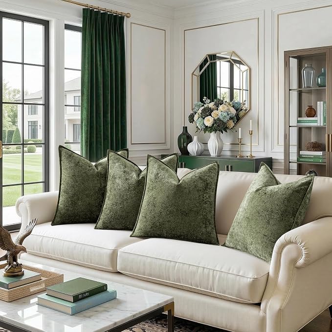 a moment Throw Pillow Covers 26X26 Inch 4 Packs,Soft Velvet Decorative Pillow Cases with 3D Ice Flower,Texture Modern Accent Cushion Covers for Sofa Couch Home Decor Moss Green