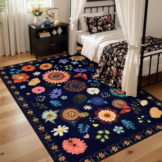 Ciicool 4x6 Washable Area Rug Floral Living Room Rugs for Bedroom Bedside | Soft Low Pile Carpet for Hallway Entryway Playroom Laundry Office Home Boho Non-Slip Black Carpets