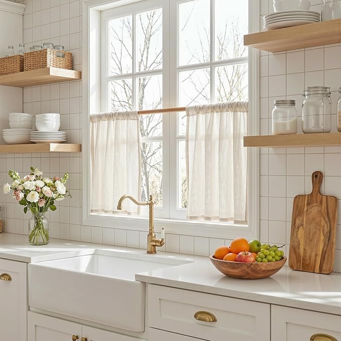 MYSKY HOME Natural Linen Curtains 24 Inch Long for Kitchen, Semi Sheer Light Filtering Window Panels Rod Pocket Valance Neutral Drapes for Small Window/Cafe/Bathroom Basement, 2 Panels, 34 x 24 Inch
