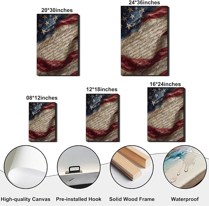 RIBNTAK Vintage Americana Canvas Wall Art, Rustic American Flag and Constitution Pictures Patriotic Artwork for Farmhouse Decor, Independence Day Decorations for Living Room Bedroom Entryway