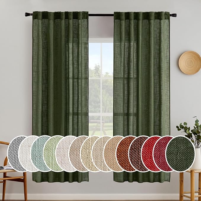 MIULEE Olive Green Linen Curtains 37x72 Inch 2 Panels for Bedroom | Living Room, Soft Thick Linen Textured Window Drapes ,Semi Sheer Light Filtering, Back Tab Rod Pocket, Burlap Look Decor