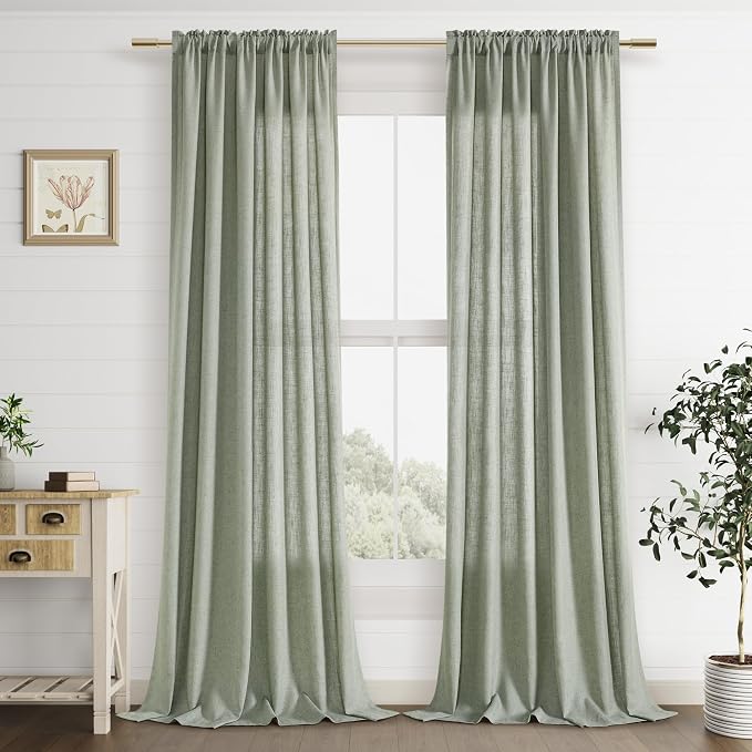 Sage Green Linen Curtains 96 Inch Length for Living Room Bedroom 2 Panels Set Rod Pocket Light Filtering Semi Sheer Window Curtains 52 Inch Width Boho Farmhouse Linen Drapes, W52xL96