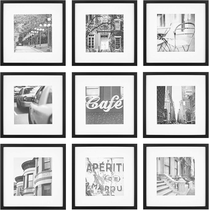 Gallery Perfect 12x12 Picture Frames, 9 Piece Set with Real Glass Cover for 8x8 Photos With Mat, Picture Frames Collage Wall Decor for Gallery Wall, Home Decor, Black