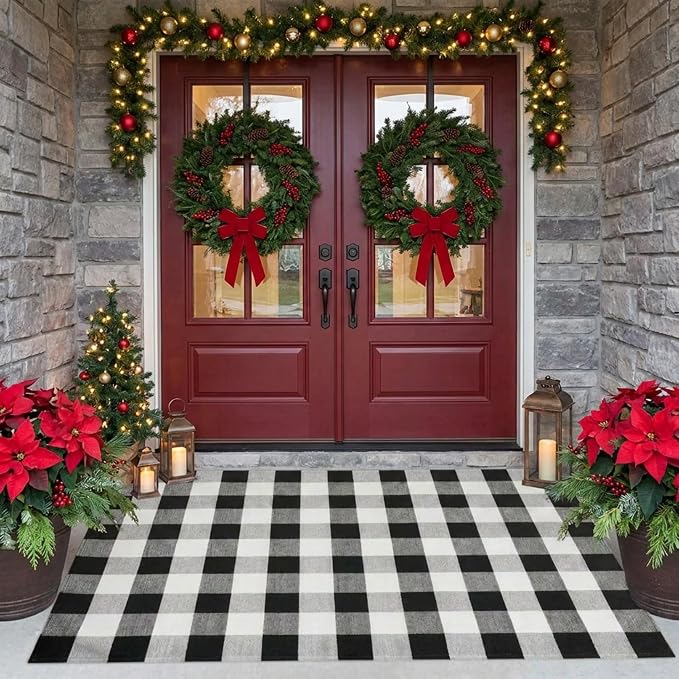 SEEKSEE Buffalo Plaid Rug 4' x 6' Black and White Large Front Door Mat, Layering Area Rug, Washable Cotton Rug for Outdoor Patio Entryway Indoor Living Room Kitchen Dining Room Decor