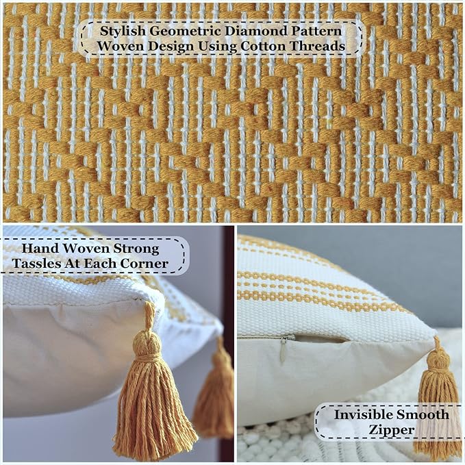 Boho Throw Pillow Covers with Tassels Mustard Yellow and White 18x18 inch -Set of 2 / Decorative Square Pillow Covers for Couch, Sofa/Farmhouse Woven Pillow Cases/Accent Cushion Covers