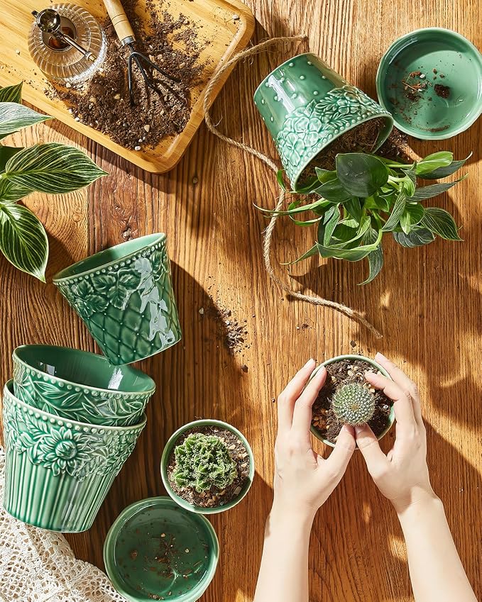 Metahom 3.8 Inch Succulent Pots, Green Ceramic Pots for Plants Set of 4