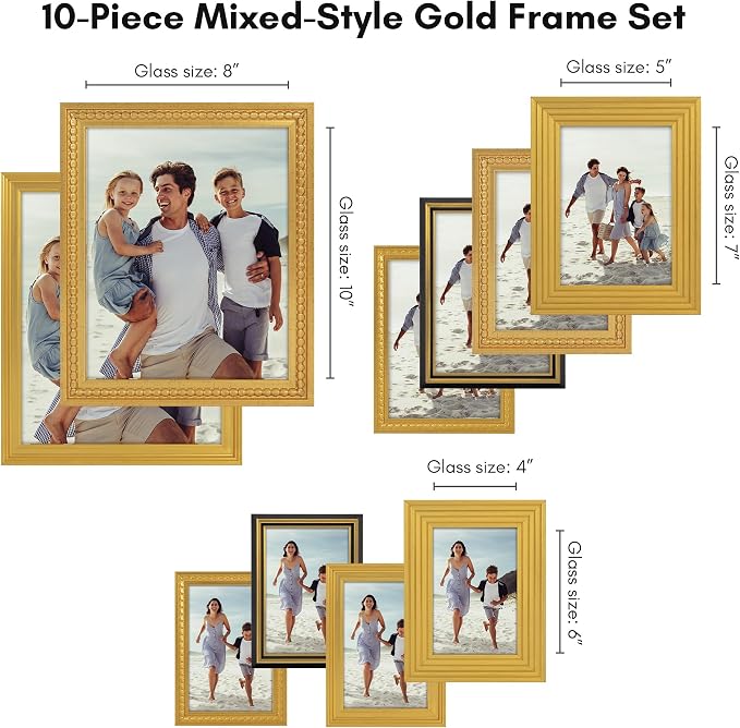 Americanflat Set of 10 Vintage Gold Frames with Polished Clear Glass - Gallery Wall Frame Set with Two 8x10, Four 5x7, and Four 4x6 Antique Frames for Tabletop or Wall Display