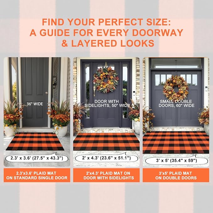 LEEVAN Halloween Buffalo Plaid Outdoor Rug, Fall Decor Front Porch Rug | 2'4" x 3'7" Black and Orange Washable Thanksgiving Layered Door Mat, Cotton Woven Fall Entryway Rugs for Kitchen Patio