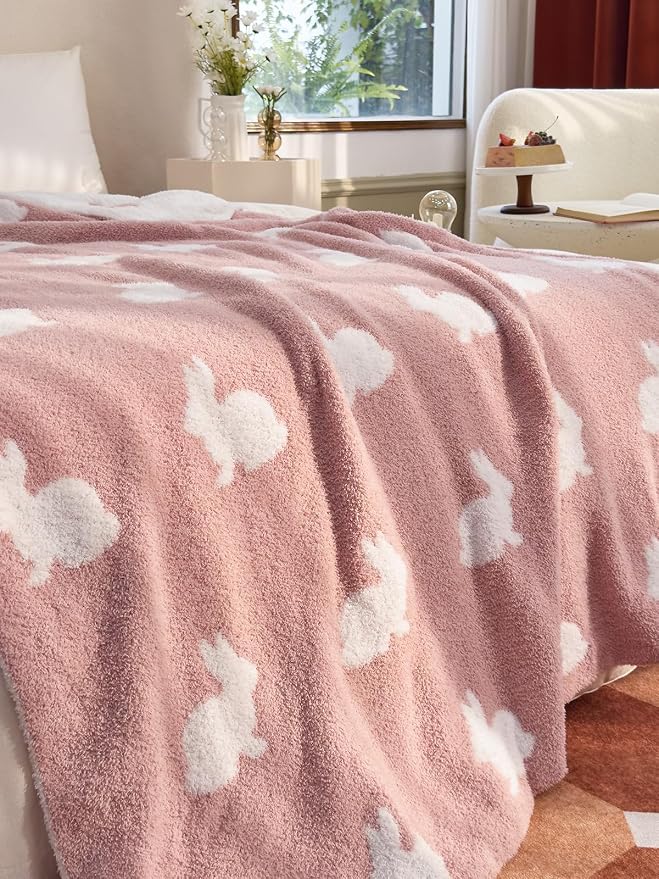 Happy Easter Rabbit Ultra-Soft Fluffy Microfiber Knitted Throw Blanket Super Cozy Lightweight Bed Blanket for Sofa Couch Bed Travel Pink 50"x60"