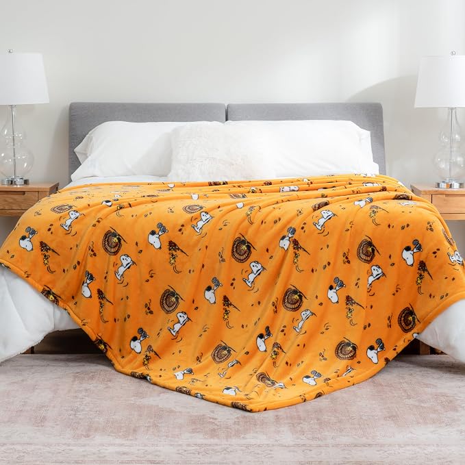 Berkshire Blanket Peanuts® VelvetLoft® Cute Character Snoopy Plush Blanket,Snoopy and Woodstock Fall Birds & Leafs Orange,King 90 in x 108 in (Official Peanuts® Product)