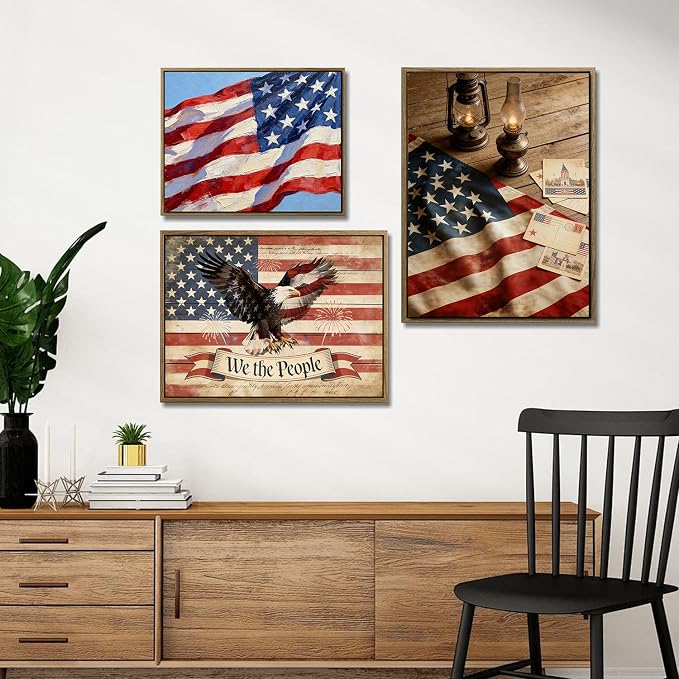 American Flag Framed Canvas Wall Art, 4th of July Patriotic Canvas Prints | USA Flag with Picture Poster Print, Modern Independence Day Wall Decor for Bedroom Living Room Office 16×20in
