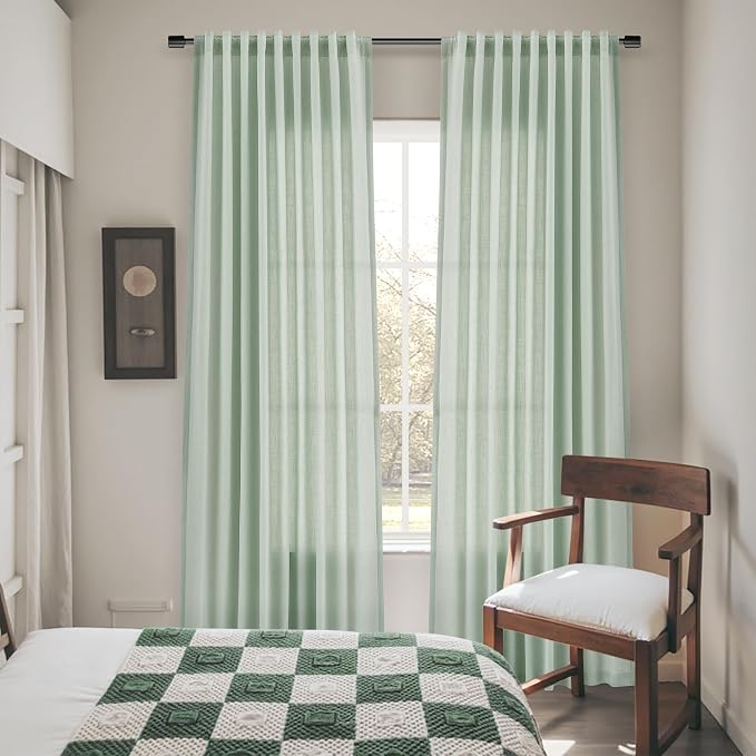 Extra Long Linen Curtains 102 Inches for Living Room Back Tab Semi Sheer Floor to Ceiling Light Filtering Curtain Boho Farmhouse Decor Window Drapes for Bedroom 2 Panels Aqua Green
