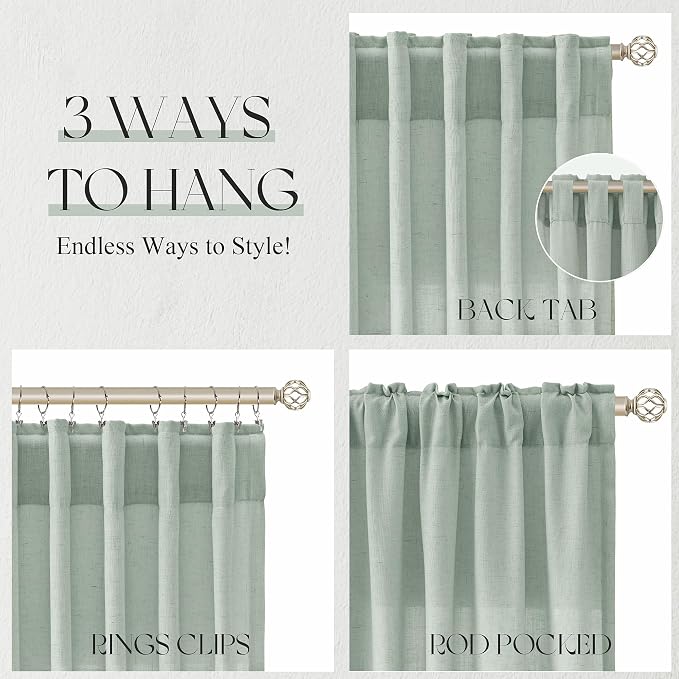 Jowels Aqua Green Linen Curtains 84 Inch Long 2 Panels for Living Room | Light Filtering Semi Sheer Curtain, Back Tab Pocket Pleated Look, Boho Farmhouse Textured Privacy Drapes for Bedroom Window