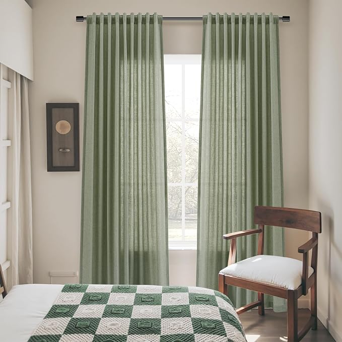 Extra Long Linen Curtains 102 Inches for Living Room Back Tab Semi Sheer Floor to Ceiling Light Filtering Curtain Boho Farmhouse Decor Window Drapes for Bedroom 2 Panels Light Sage