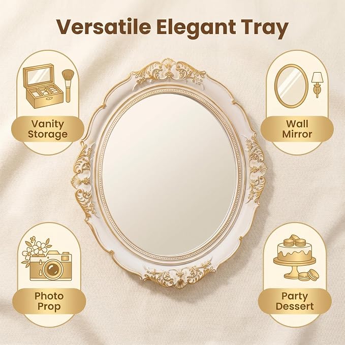 White Gold Trim Oval Mirror Decor Tray 15x13.4 Inch Wall Mounted Hook Vanity Organizer for Jewelry Cosmetics Dessert Photography Prop Bedroom Living Room