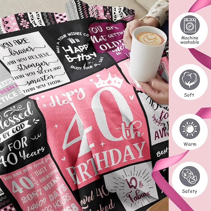 Ivivis 40th Birthday Gifts Women Blanket 60”X50”, 40th Birthday Decorations for Women, Happy Forty Birthdays Gift Ideas for Woman, 1986 Birthdays Gifts for 40 Year Old Woman Throws