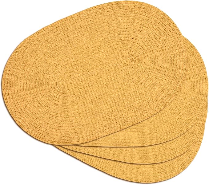 Placemats Set of 4, Woven Oval Braided Dining Table Mats(Mustard Yellow) | 12 x 17.5 Inch Size Fits Plates and Flatware; Hand Washable and Heat Resistant for Kitchen Use, with Farmhouse and Boho Style