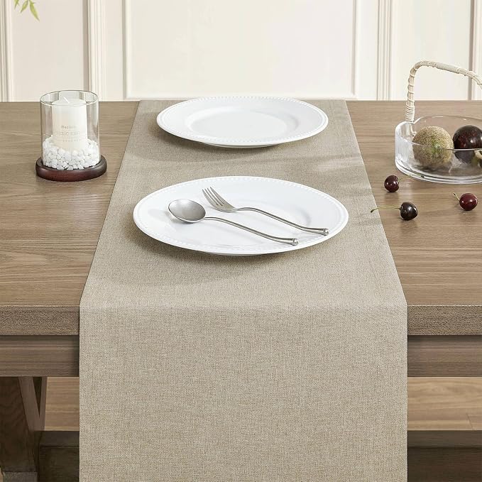 ZeeMart Basic Linen Style Table Runner, 14x90 Inch Natural | Mitered Corner Design, Medium Weight Fabric, Rustic Farmhouse Style, Machine Washable Easy Care Everyday Table Scarf
