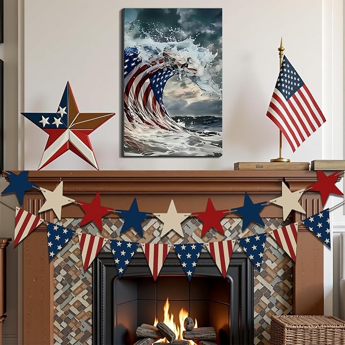 Framed American Flag Ocean Wave Wall Art, Patriotic Abstract Canvas Art Pictures, USA Flag Wall Decor, Made in USA Ready to Hang for Living Room Bar