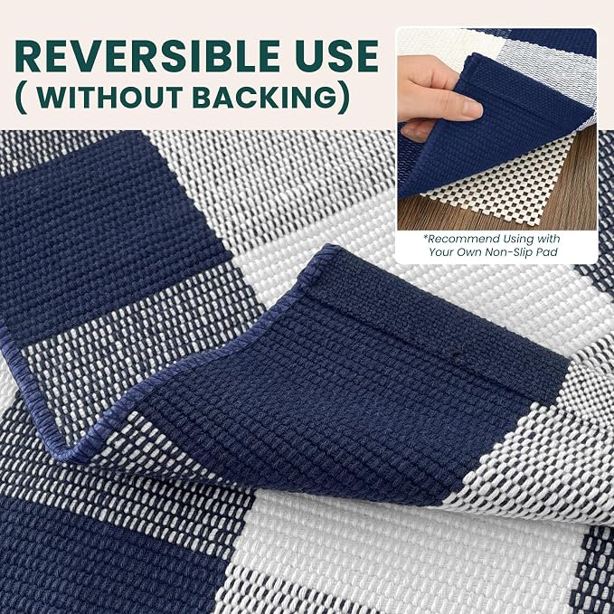 KOZYFLY Buffalo Plaid Area Rugs 2.3x3.6 Ft Blue and White Door Rug | Washable Front Door Mat, Woven Cotton Indoor Outdoor Rug, Checkered Doormat for Front Porch Kitchen Entryway Patio Farmhouse