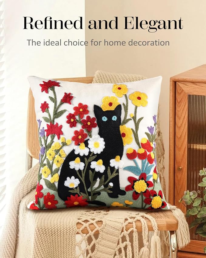 Embroidered Throw Pillow Cover - 18x18 Decorative Pillow Cover with Zipper Aesthetic Cute Design Boho Spring Summer Throw Pillowcase for Living Room Couch Sofa Bed, Flower Cats