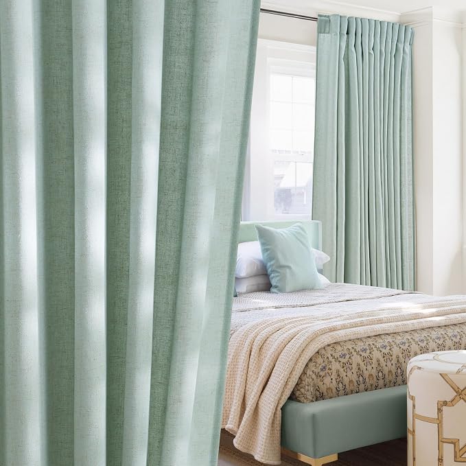 NICETOWN Linen Blend Sage Green Curtains 96 inches Long, Rod Pocket & Back Tab Light Filtering Semi Sheer Window Treatments Privacy Added Drapes for Living Room, W55 x L96, 2 Panels