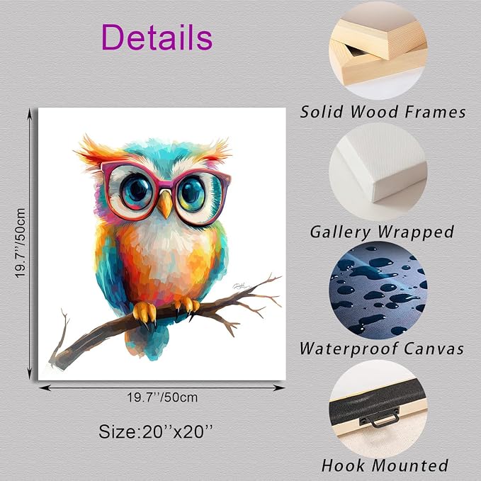 Ypxzzj Cute Owl with Glasses Canvas Wall Art,Colorful Owl Decor Wall Art Pictures Painting Poster Artwork for Children's room Bedroom Living room Decor Framed Ready to Hang