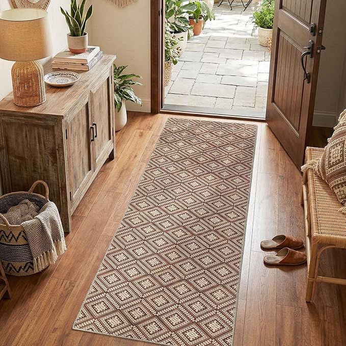 jinchan 2x6 Faux Jute Runner Rug Washable Hallway Rug Terracotta Brown | Vintage Geometric, Non-Slip, Low Pile, Indoor Outdoor, High-Traffic, Kitchen, Bathroom, Laundry, Porch, Balcony, Entryway