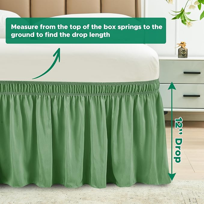 Wrap Around Bed Skirt King Size 12 Inch Drop-Elastic Dust Ruffle Sage | Adjustable Pleated Bedskirt-Easy Fit Wrinkle Resistant Washable Hotel Quality Fabric Bed Skirting-Master Guest Bedroom Rental
