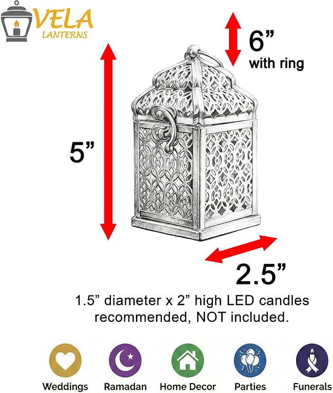 VELA LANTERNS Mini Tower Temple Moroccan Lantern Lamp Decorative Candle Holders for Ramadan Decorations, Hanging, Outdoor Patio or Porch, Indoor Home Decor, Black, Set of 4