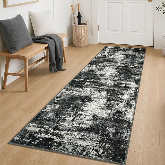 Lansny Abstract Washable 2x7 Runner Rug Runners for Hallways Non Slip | Charcoal Black;Thin Printed Faux Wool Entryway Runner Indoor;Hallway Runner Rug;7ft Floor Carpet Runners;Bedroom Runners