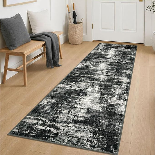 Lansny Abstract Washable 2x7 Runner Rug Runners for Hallways Non Slip | Charcoal Black;Thin Printed Faux Wool Entryway Runner Indoor;Hallway Runner Rug;7ft Floor Carpet Runners;Bedroom Runners