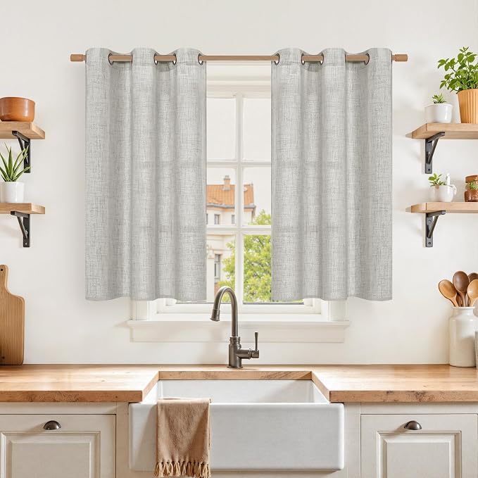 YoungsTex Light Grey Linen Curtains 40 Inch Length for Kitchen Window | Light Filtering Short Drapes with Bronze Grommet Privacy for Cafe Bathroom Window Over Sink, 42 x 40 Inch, 2 Panels