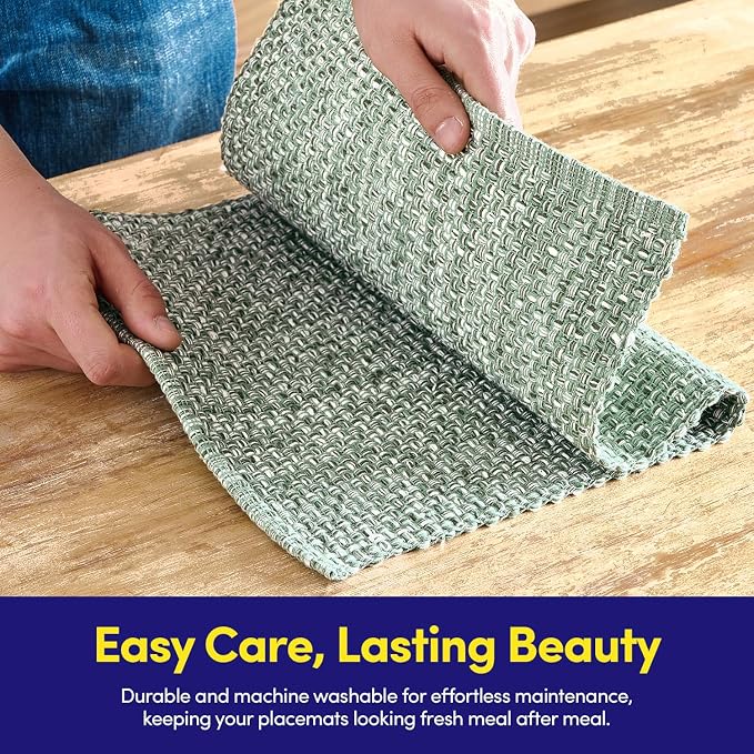Sweet Home Collection 100% Cotton Placemats for Dining Room Rectangle Two Tone Woven Fabric 13" x 19" Soft Durable Table Mat Set, Set of 6, Light Green
