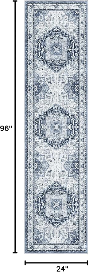 Madane Hallway Runner Rug 2x8 Washable Kitchen Rugs Non-Slip, Navy/White | Vintage Machine Washable Low-Pile Floor Carpet 8ft, Soft Ultra-Thin Throw Entry Foyer Mat for Entrance Laundry Living Room