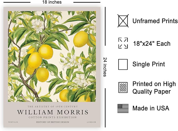 Poster Master Lemon Tree Print - William Morris Poster - Botanical Fruit Art - Colorful Exhibition Piece - Floral Lemon Illustration - Aesthetic Print - Kitchen Wall Decor - 18x24 UNFRAMED