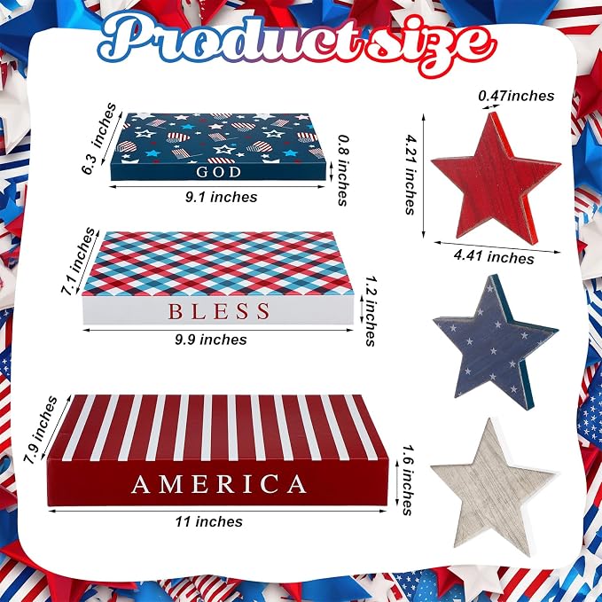 Thyle 4th of July Fake Decorative Books Wooden Star Table Signs Faux Stars Patriotic Decor for Independence Day 250th Anniversary Party Office Home Shelf Table Decor, 11 /9.9 / 9.1 Inch