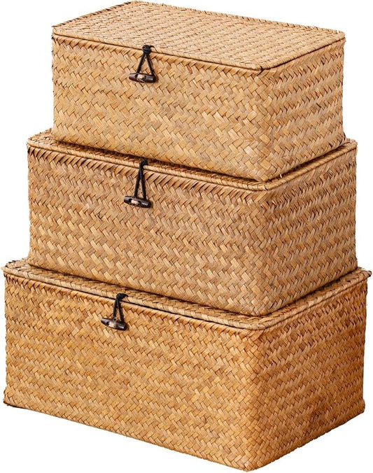 Nonam Wicker Storage Basket with Lid,Seagrass Shelf Basket Set of 3,Nautral | Wicker Basket Container for Organizing, Boho Decorative Basket, Rectangular Household Storage Boxes for Home Organization