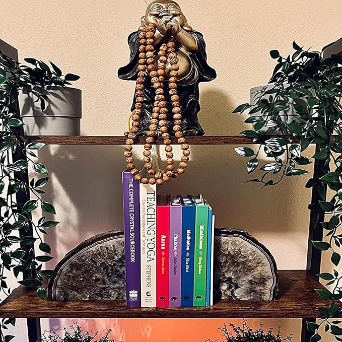 JIC Gem Black Agate Geode Bookends Rubber Bumpers Heavy Stoppers 4-6 Lbs | Heavy duty crystal Book ends Heavy Book stoppers Home office Shelf Decor Polished gemstone decorative bookends