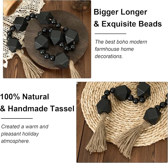 2" Octagonal Extra Large Wood Bead Garland with Tassels, 42" Long Rustic Farmhouse Wooden Beads Garland with Tassels, Decorative Beads Boho Decorations for Home Table Mantle Black