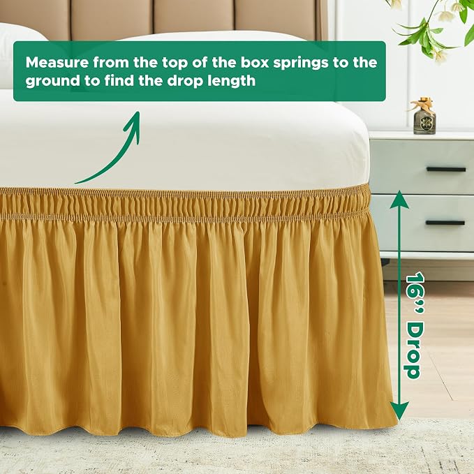 Wrap Around Bed Skirt King Size 16 Inch Drop-Elastic Dust Ruffle Gold | Adjustable Pleated Bedskirt-Easy Fit Wrinkle Resistant Washable Hotel Quality Fabric Bed Skirting-Master Guest Bedroom Rental