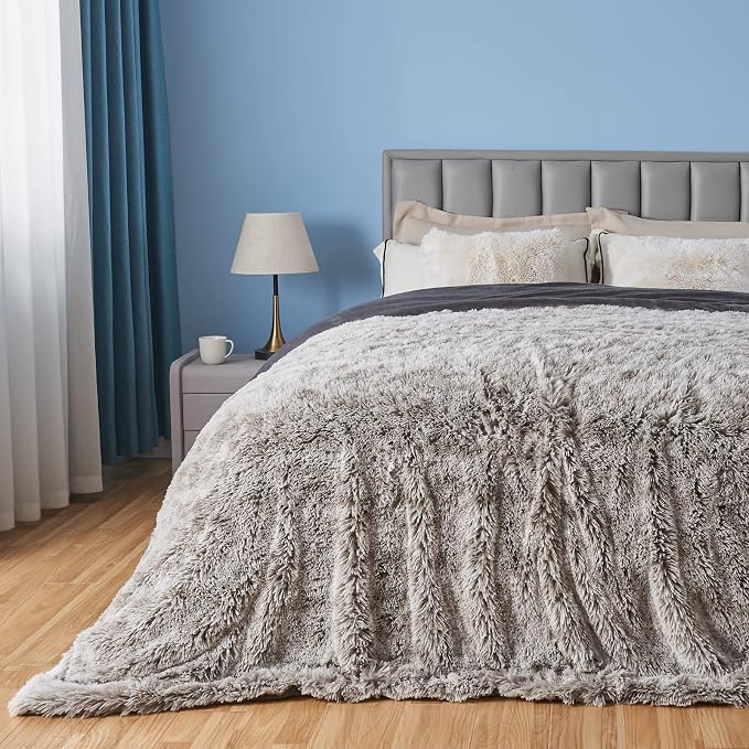 GONAAP Fuzzy Faux Fur Queen Blanket for Couch, Frosty Grey, 90"x90" | Warm Cozy Plush Shaggy Decorative Reversible Thick Non-Heated Fleece Blanket for Sofa Bed, Gift for Women Men, All Season Use