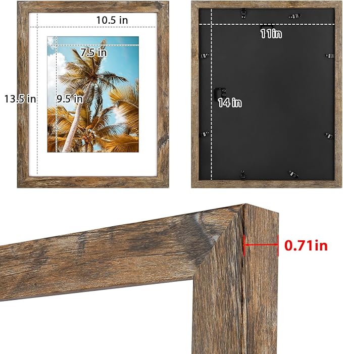 4 Pack 11x14 Rustic Brown Picture Frame with Real Glass Mat for 8x10