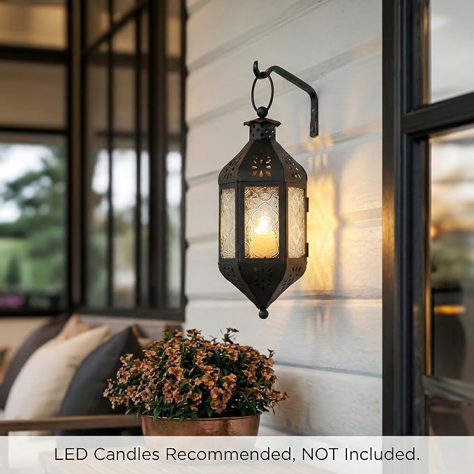 Vela Lanterns Hanging Moroccan Lamp - Exotic Decorative Patio & Porch Decor, Indoor Outdoor Tea Light Candle Lantern Holder with Chain (11" Medium, Clear Glass, 3-Pack)